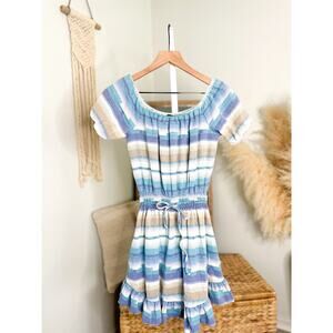 Anthropologie Drew Blue Stripe Off Shoulder Mini Dress Small Puff Sleeve